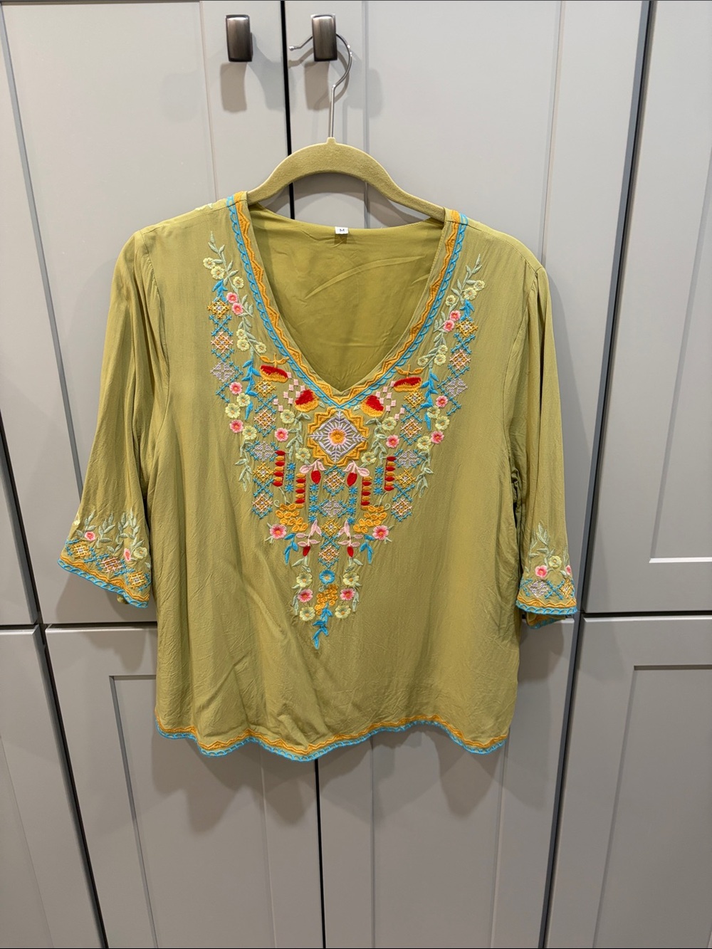 Olive Embroidered V-Neck Women's Top